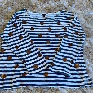 J. Crew blue & white with bronze dots crew neck quarter length sleeves blouse